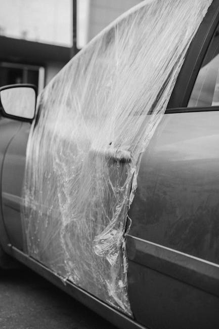 The image depicts a delivery scene with a grey vehicle, likely a car used for floral deliveries, parked in natural daylight near a building with large glass windows. A large, clear plastic sheet is dr